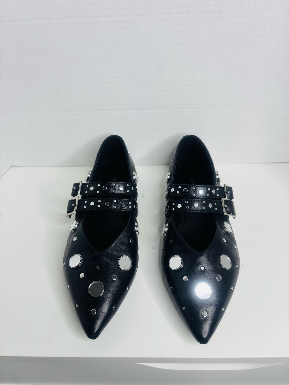 Free People Black Pointed Toe Double-Buckle Stud Flats - Picture 3 of 10
